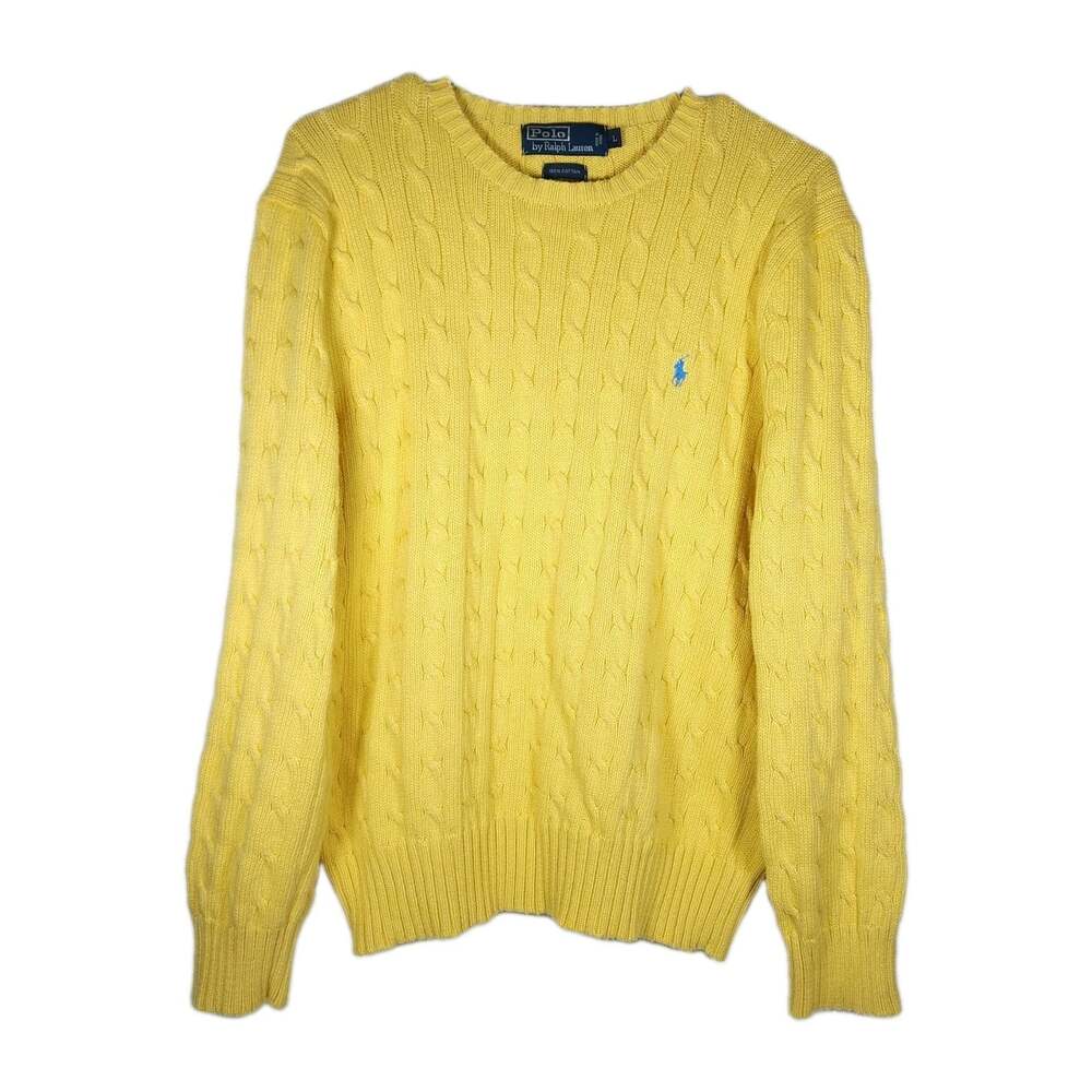 Polo Ralph Lauren Vintage Men's Yellow Cotton Cable Knit Pony Crewneck Sweater